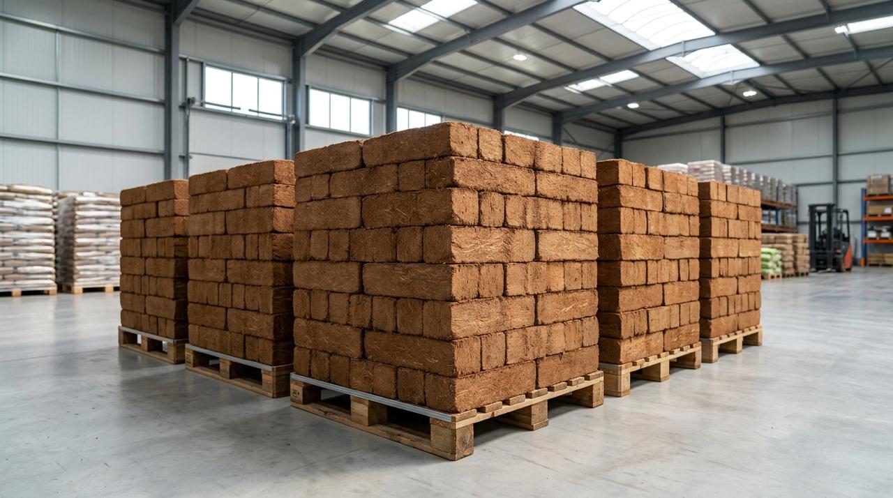 Warehouse of palletised coco peat blocks